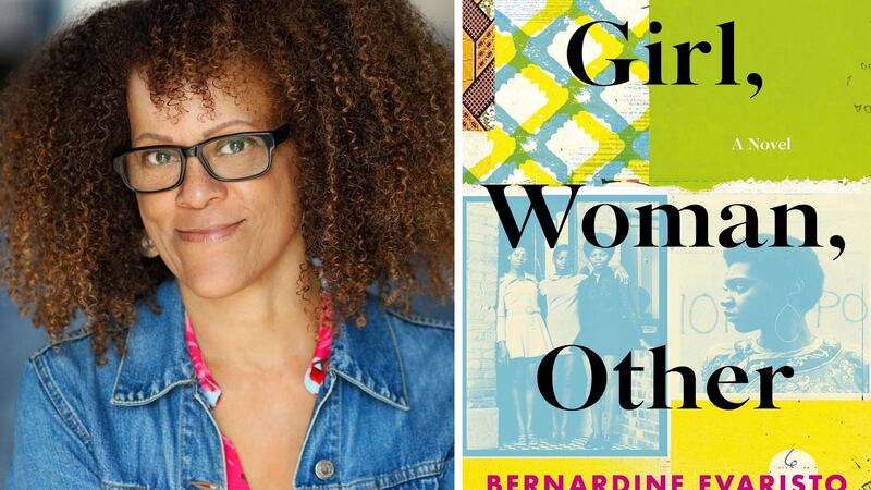 Bernardine Evaristo with the front cover of her book, Girl, Woman, Other, which is the joint winner of the 2019 Booker Prize. Photograph: The Booker Prize/PA