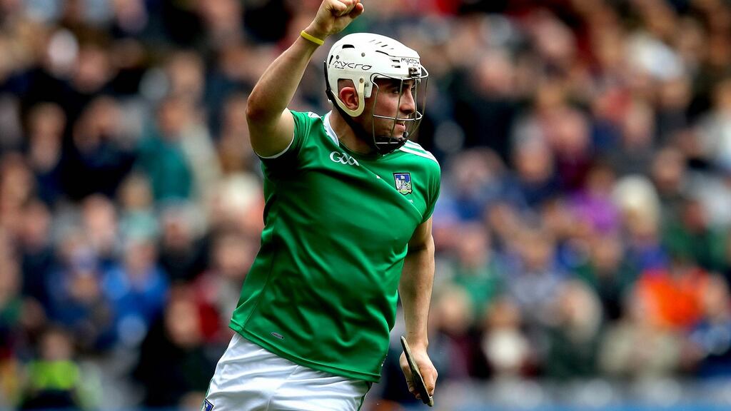 Limerick’s Aaron Gillane celebrates scoring the first goal of the game  against Waterford in the Allianz Division 1 final at  Croke Park. Photograph: Ryan Byrne/Inpho