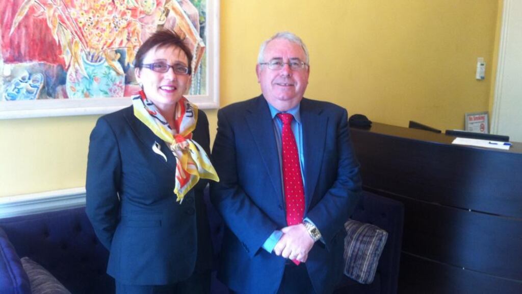 Association of Secondary Teachers Ireland assistant general secretary Moira Leydon with Minister of State Joe Costello at the launch of the Unesco report Education For All: Global Monitoring Report.