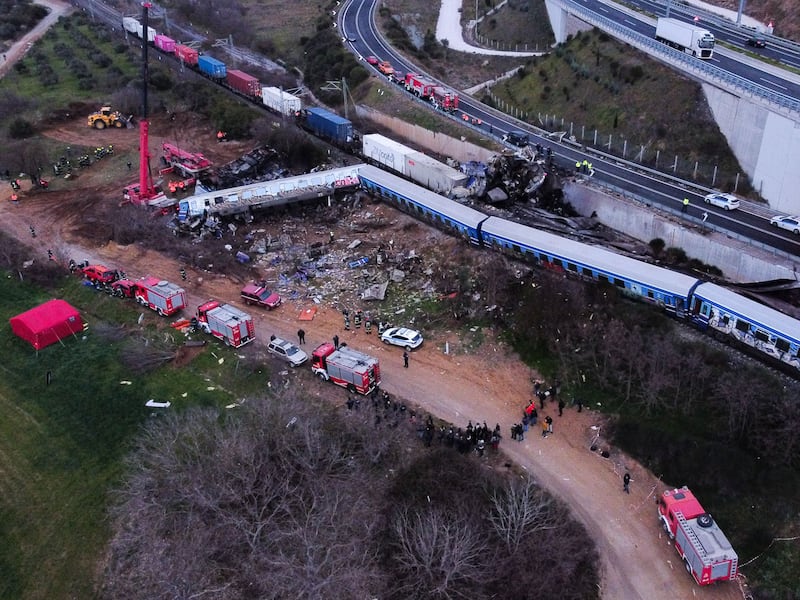 At least 32 people have died in rail crash involving a freight train and a passenger train in the Evangelismos area of Larissa, Greece. Photograph: SOOC/AFP via Getty Images