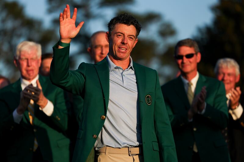 Rory McIlroy of Northern Ireland reacts after being awarded the Green Jacket. Photograph: Andrew Redington/Getty
