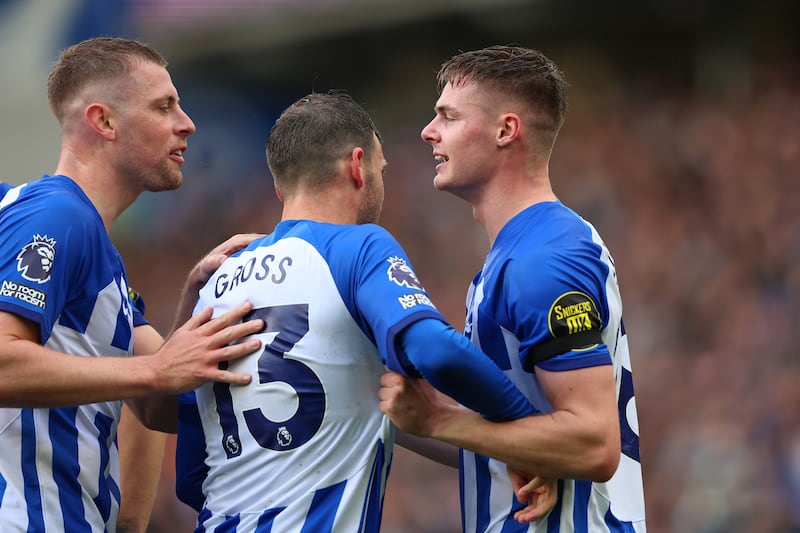 Evan Ferguson of Brighton & Hove Albion celebrates with team-mates after scoring in the Premier League. Photograph: Tom Dulat/Getty