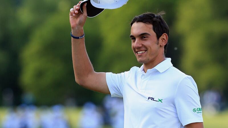 Italy’s Matteo Manassero  celebrates victory on the 18th green after the fourth playoff hole during the final round of the BMW PGA Championship at Wentworth in May 2013. Photograph: Richard Heathcote/Getty Images