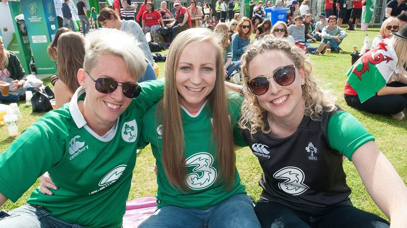 Clondalkin Rugby Club teammates Ciara Lennon, Sara Phelan and Brid Holohan at the fanzone in UCD today.Photograph: Dave Meehan/The Irish Times