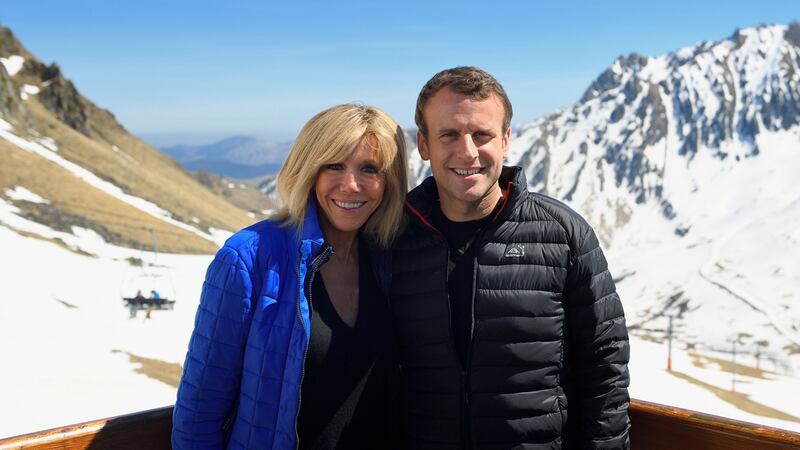 Brigitte Trogneux and  Emmanuel Macron during the French presidential candidate’s  campaign visit in Bagneres de Bigorre. Photograph: AFP/Getty Images