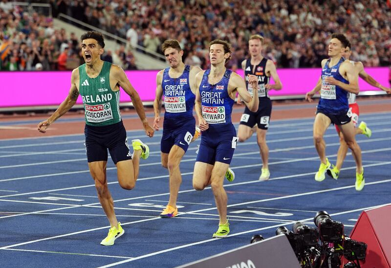 Andrew Coscoran reacts to clinching the bronze medal in the 1500m final at European Athletics Championship earlier this month. Photograph: Mike Egerton/PA Wire