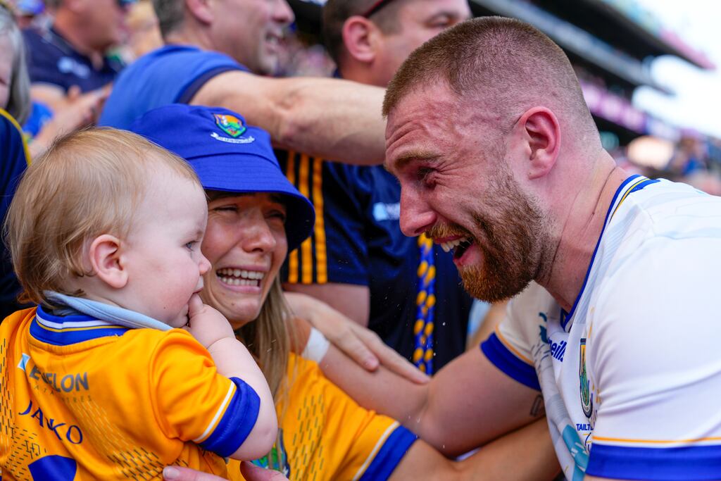 Wicklow's Mark Jackson celebrates with his wife and son following the Tailteann Cup Final in Croke Park, Dublin last Saturday. Photograph: James Lawlor/Inpho
