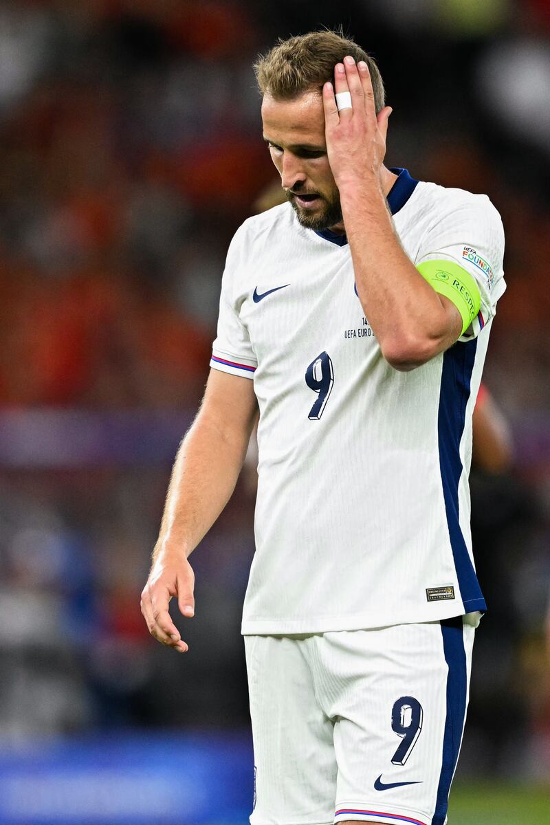 England's forward #09 Harry Kane gestures during the UEFA Euro 2024 final football match between Spain and England at the Olympiastadion in Berlin on July 14, 2024. (Photo by INA FASSBENDER / AFP) (Photo by INA FASSBENDER/AFP via Getty Images)