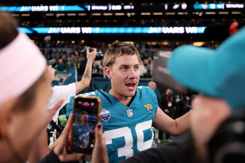 Cam Little of the Jacksonville Jaguars celebrates after kicking a walk-off field goal agains the Philadelphia Eagles at Tottenham Hotspur Stadium in London. Photograph: Ryan Pierse/Getty Images
