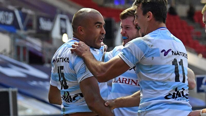 Simon Zebo celebrates after scoring his second try in Racing 92’s final defeat to Exeter. Photograph:  Glyn Kirk/Getty/AFP