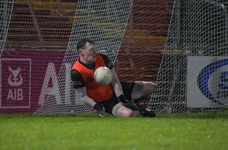 Rory Beggan of Scotstown saves a penalty during the penalty shoot-out. Photograph: Andrew Paton/Inpho