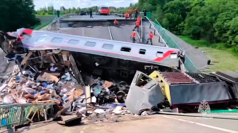 A damaged bridge in Russia’s Bryansk region, which borders Ukraine. Photograph: Russian Emergency Ministry Press Service Telegram channel/AP