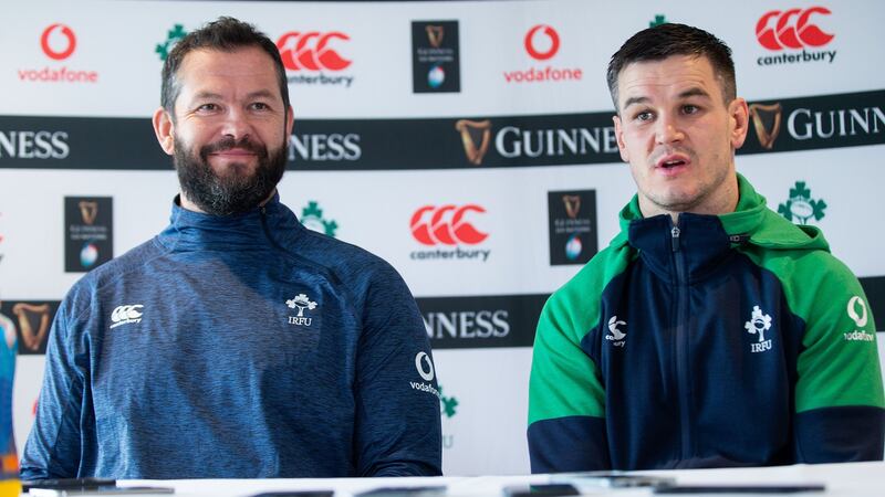 Ireland head coach Andy Farrell and captain Johnny Sexton talk to the media after the open training session at Donnybrook. Photograph: Tommy Dickson/Inpho