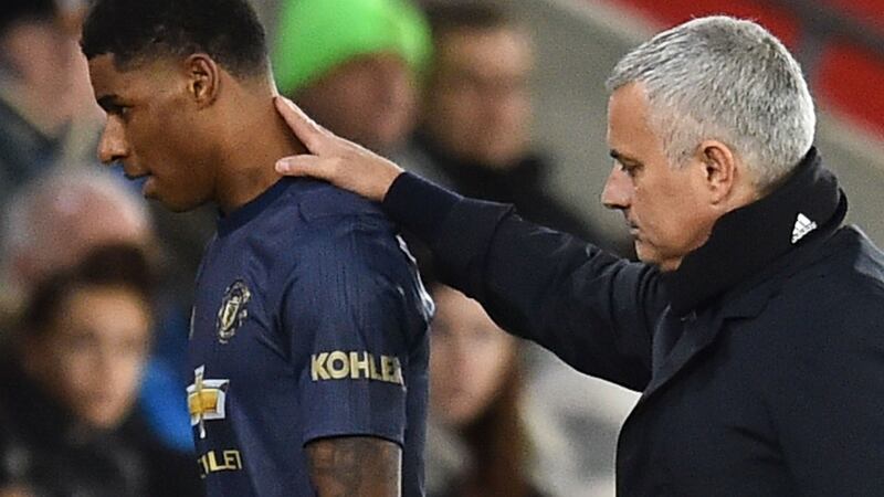 Manchester United   manager takes off  Marcus Rashford. Photograph: Getty Images