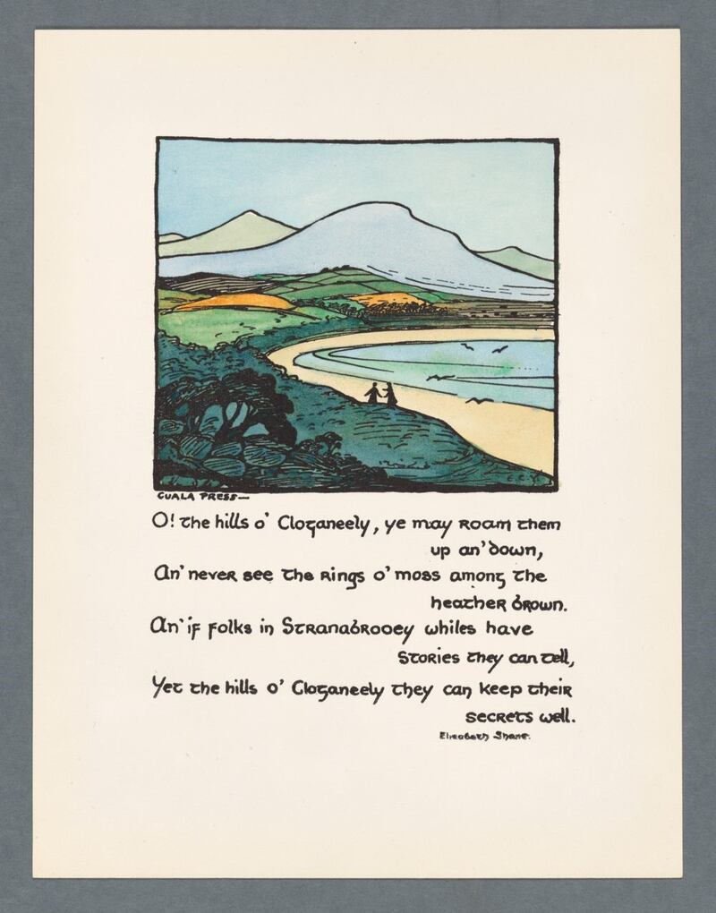 Cuala Press print Cloganeely, designed by Elizabeth Yeats, to illustrate a poem by Belfast-born Irish writer Elizabeth Shane. Both text and image celebrate Irish identity, a sense of place and the beauty of rural Irish landscape. Photograph: From the TCD Cuala Digital Collections