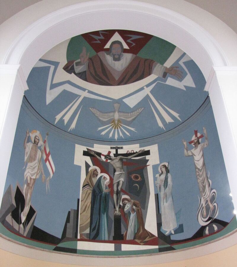 An abstraction of the Crucifixion, (1964), oil on canvas, in the Church of St Agnes, Crumlin, Dublin. Reproduced courtesy of Crumlin parish, Dublin, and with the permission of the King Estate. Photograph: Ruth Sheehy