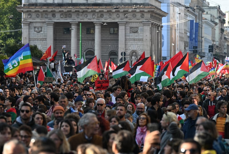 Italy: Pro-Palestinian demonstrators gather to protest against the interception by the Israeli army of the Global Sumud Flotilla, in Milan on Friday morning. Photograph: Stefano Rellandini/AFP 