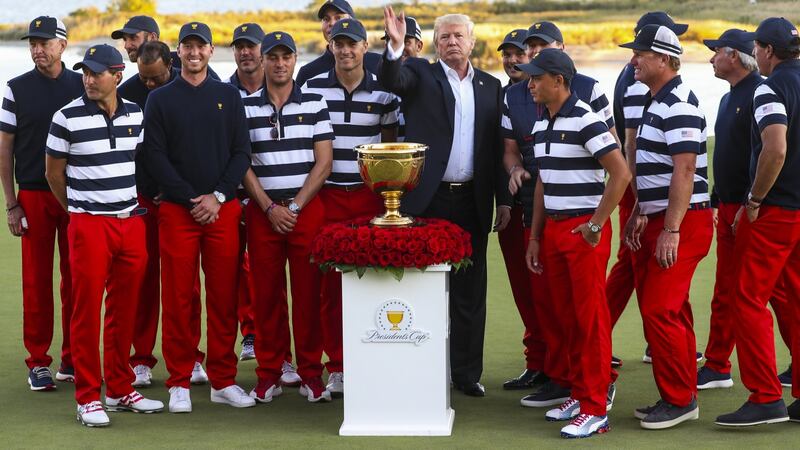US President Donald J. Trump poses with the US team during the presentation of the Presidents Cup. Photograph: PA