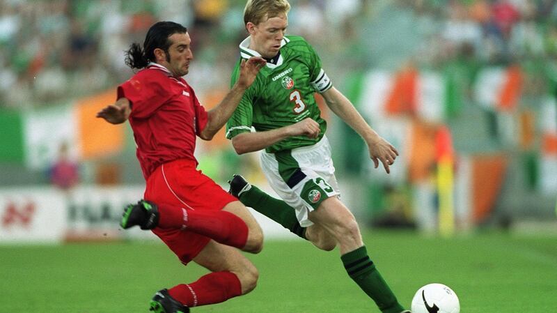 Malta’s Darren Debono with Ireland’s Steve Staunton in their European Championship qualifier in Valletta in 1999. Debono was arrested on the Italian island of Lampedusa on Friday and charged with being part of the illegal Malta-based network allegedly involved in fuel smuggling from Libya. He has not been accused of any crimes in connection with Daphne Caruana Galizia’s murder. Photograph: Patrick Bolger/Inpho
