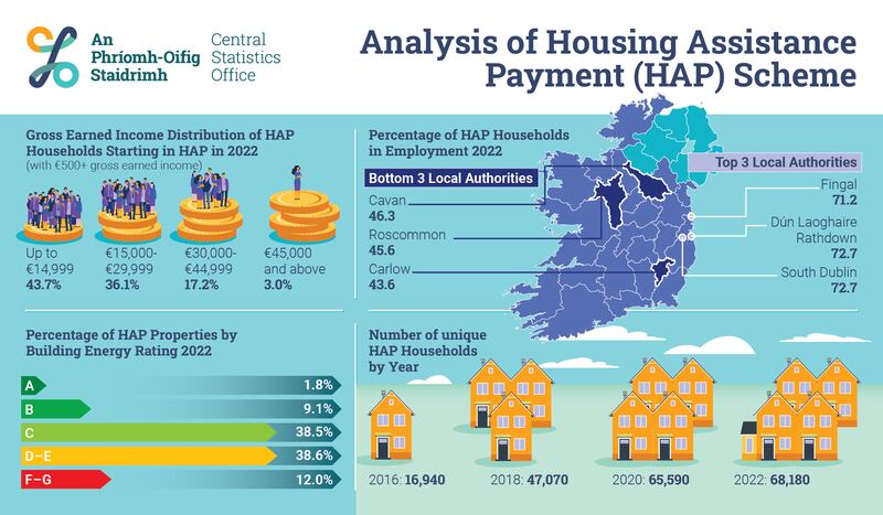 Social Housing in Ireland 2022 - Analysis of Housing Assistance Payment (HAP) Scheme. Graphic: Central Statistics Office