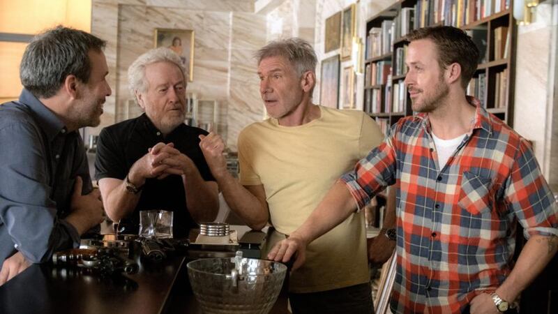 Blade Runner sequel: director Denis Villeneuve and executive producer Ridley Scott with Harrison Ford and Ryan Gosling during the making of Blade Runner 2049