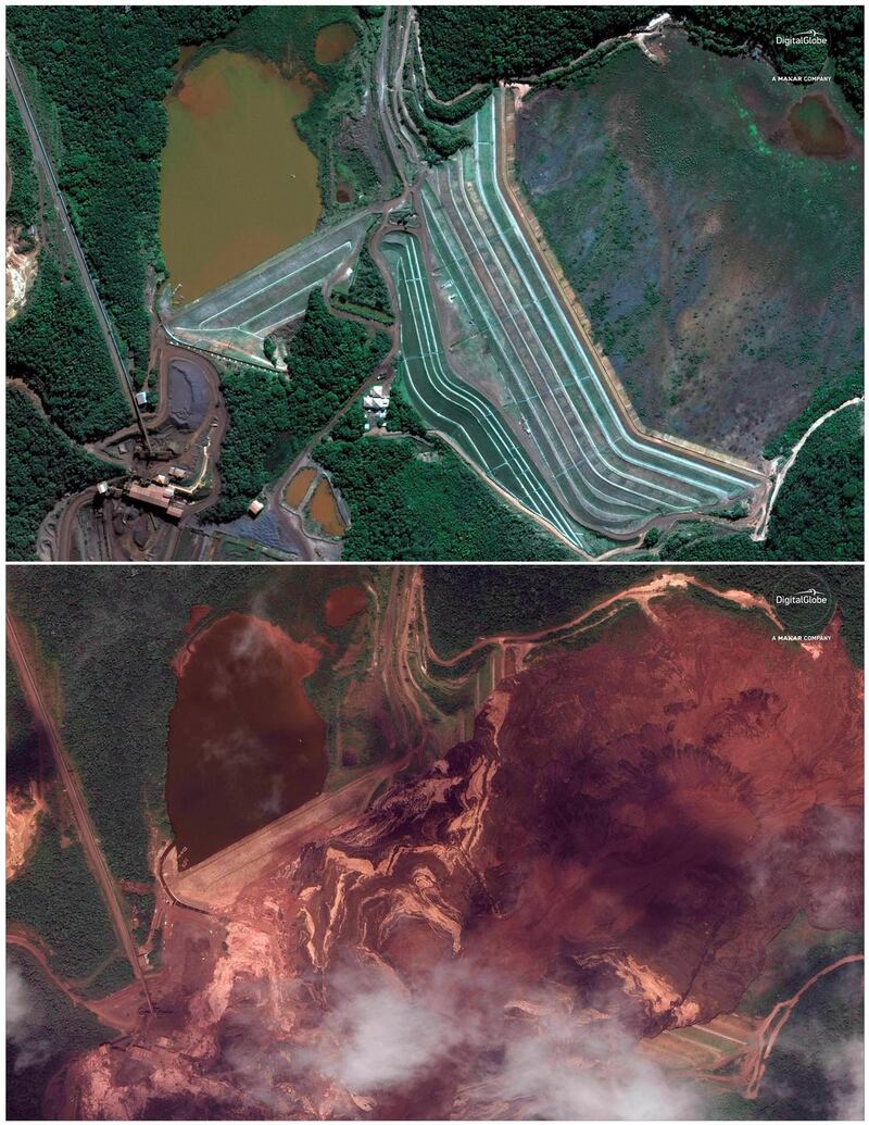 Satellite images show an area northeast of Brumadinho, in June,  2018, top,  and  below, on Saturday, January  26th, 2019, after the dam burst and the area was flooded with mud. Photograph: DigitalGlobe, a Maxar company/AP