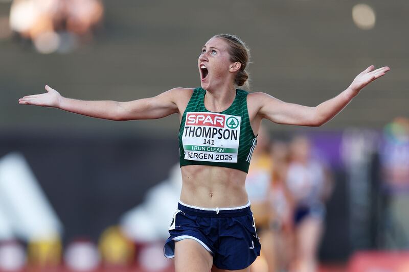 Anika Thompson of Team Ireland celebrates as she crosses the finish line to win the gold medal in the women's 10,000m final during the European Athletics U23 Championships 2025 in Bergen, Norway. Photograph: Alex Livesey/Getty Images 