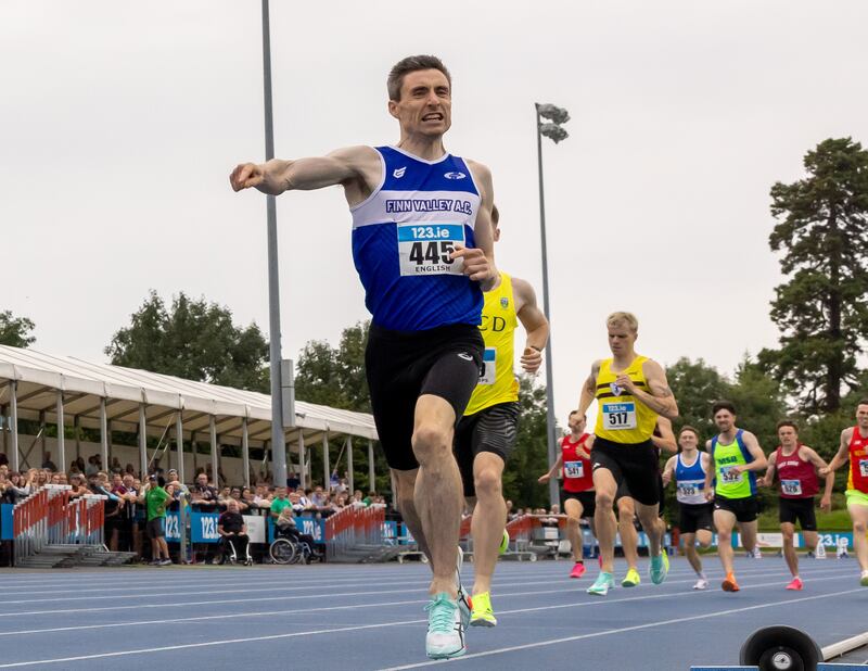 Mark English celebrates winning the men's 800m at the National Track and Field Championships in Morton Stadium, Dublin. Photograph: Morgan Treacy/Inpho