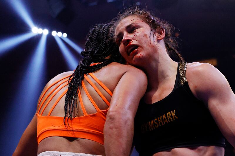 Katie Taylor with Amanda Serrano of Puerto Rico after the final bell during their World Lightweight Title fight at Madison Square Garden. Photograph: Sarah Stier/Getty Images