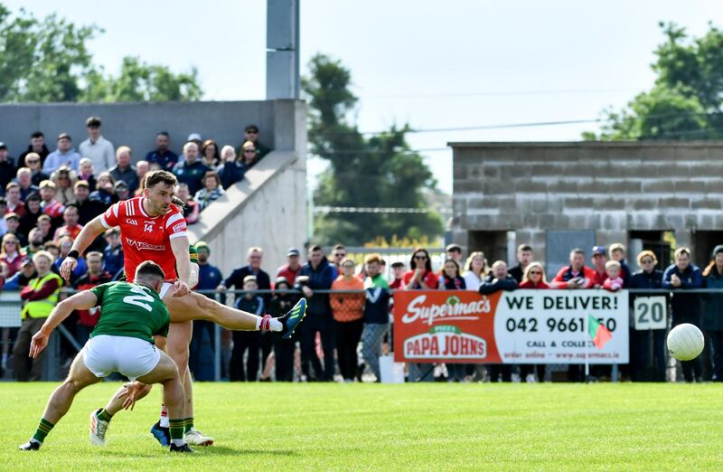 Sam Mulroy scoring Louth's first goal against Meath, after they pushed up on the kickout following a scoreable free. Photograph: Inpho