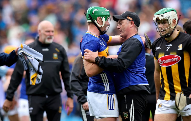 Tipperary manager Liam Cahill with Noel McGrath after the semi–final victory against Kilkenny at Croke Park. Photograph: Ryan Byrne/Inpho
