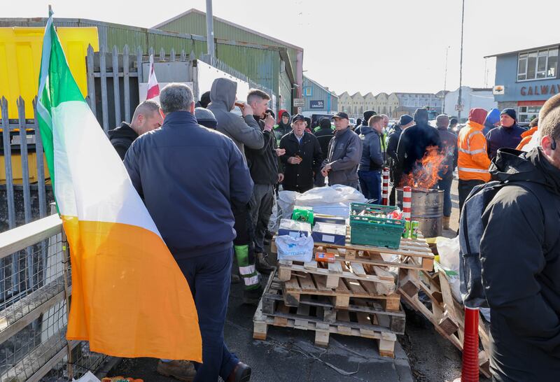 Protesters at the entrance road to the fuel depot at Galway Harbour Enterprise Park. Photograph: Joe O'Shaughnessy. 