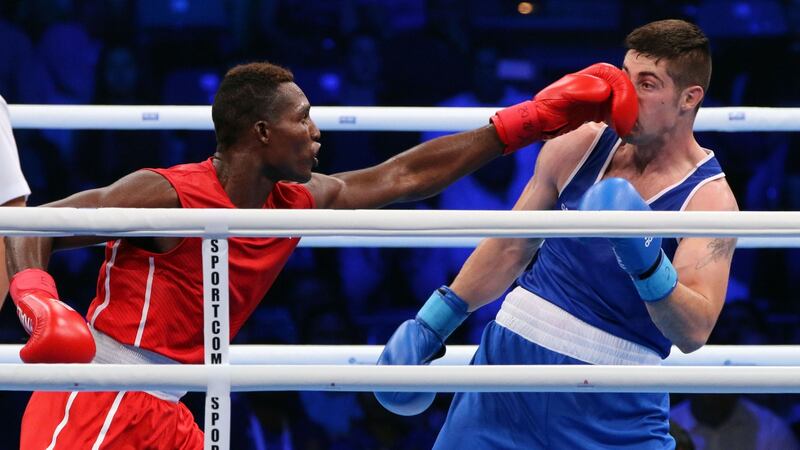 Julio La Cruz and Ireland’s Joe Ward at the 2017 AIBA World Boxing Championships final in Hamburg, Germany. Photograph: Inpho