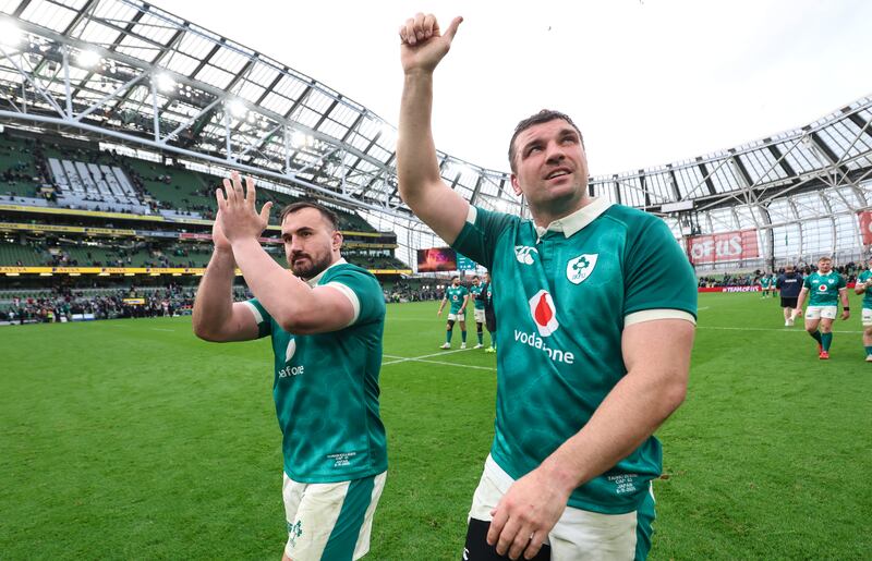 Ireland's Rónan Kelleher and Tadhg Beirne celebrate after the match. Photograph: Billy Stickland/Inpho
