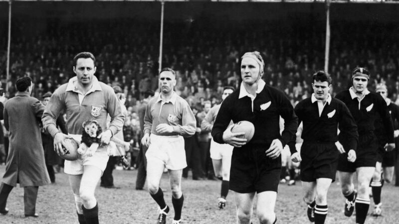 Dawson (left) and All Blacks captain Wilson Whineray lead out their teams before the first Test in 1959. Photo: Central Press/Hulton Archive/Getty Images