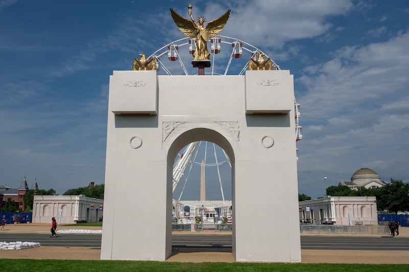 A scaled replica of the Donald Trump-proposed Independence Arch on display at the Great American State Fair in June. Photograph: Getty Images