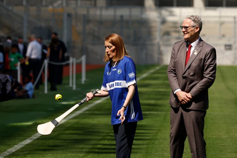 European Parliament president Roberta Metsola and GAA president Jarlath Burns in Croke Park on Tuesday. Photograph: Nick Bradshaw/ The Irish Times