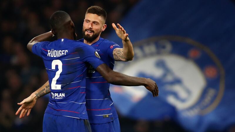 Chelsea striker Olivier Giroud celebrates after scoring the opening goal  with Antonio Rüdiger  during the  Europa League round of 32 second leg match against Malmö at Stamford Bridge. Photograph: Julian Finney/Getty Images
