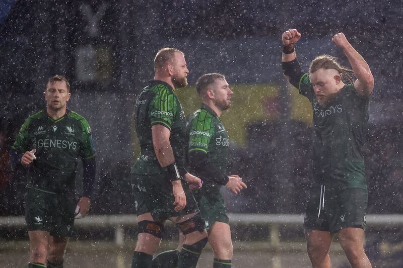 Connacht's Finlay Bealham celebrates as Munster were beaten in Galway. Photograph: Ben Brady/Inpho