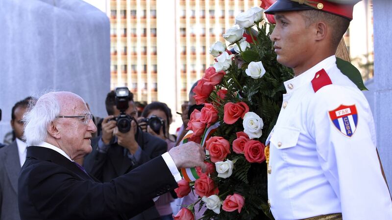 Michael D Higgins  participates in a floral tribute at the José Marti Memorial in Havana, on Thursday. Photograph: Enesto Mastrascusa/EPA