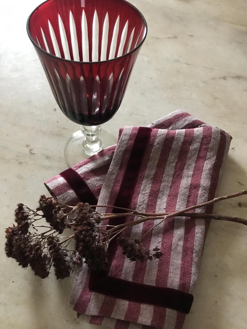 These striped 100 per cent Irish linen designs by Gillian Leavy for Liquorice Interiors come with a luxurious velvety ribbon trim and cost €85 for a set of four