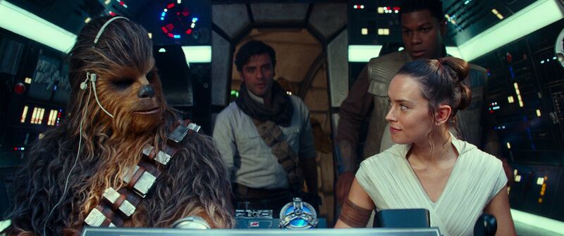 Star Wars: The Rise of Skywalker – Joonas Suotamo, as Chewbacca, Oscar Isaac and Daisy Ridley