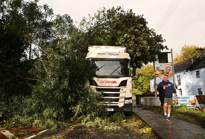 A lorry was stuck after being hit by a falling tree during Storm Amy on Saturday in Antrim. Photograph: Charles McQuillan/Getty 