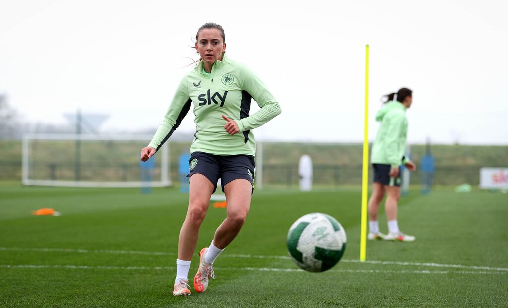 Abbie Larkin in training with the Republic of Ireland squad on Tuesday. Photograph: Ryan Byrne/Inpho