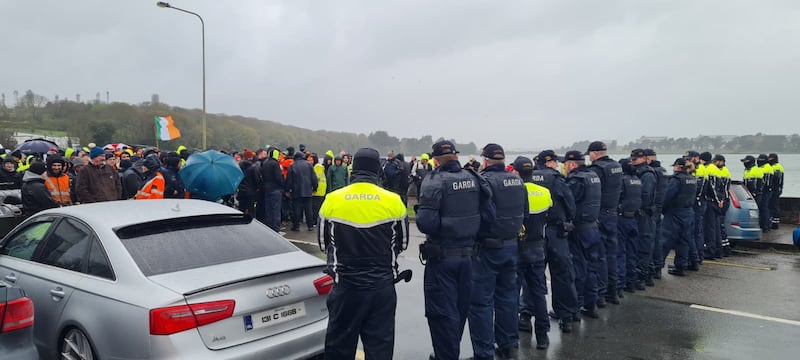 A stand off between gardaí and protestors outside the oil refinery in Whitegate, east Cork. Photograph: Barry Roche