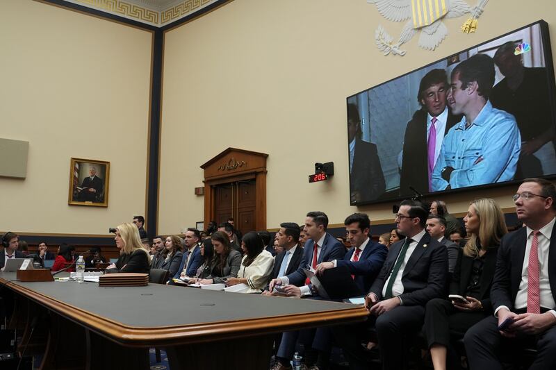 A photo of US president Donald Trump with late sex offender Jeffrey Epstein is displayed as US attorney general Pam Bondi testifies during a House Judiciary Committee hearing on Capitol Hill in Washington DC on Wednesday. Photograph: Eric Lee/The New York Times
                      