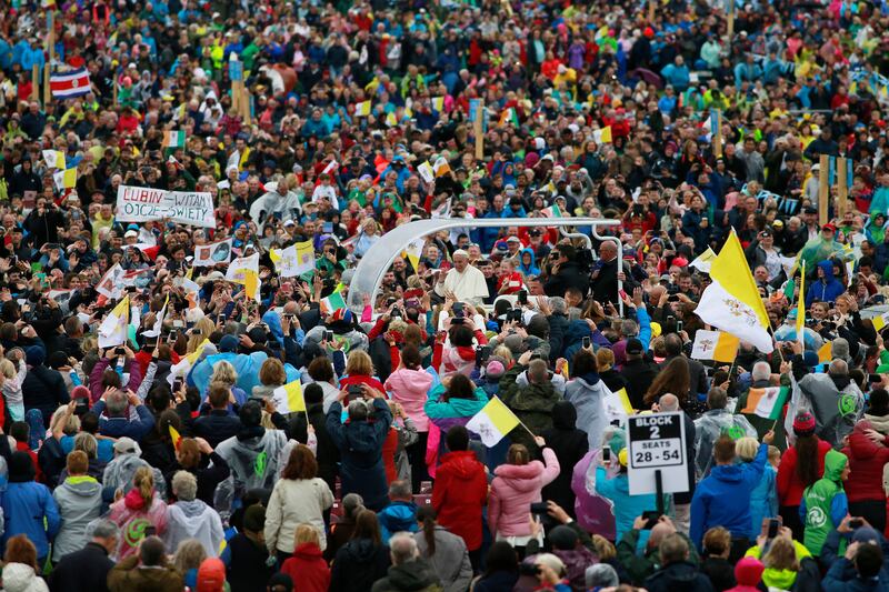 2018. Pope Francis in the Popemobile moving through the crowd in the Park. Photograph: Nick Bradshaw for The Irish Times