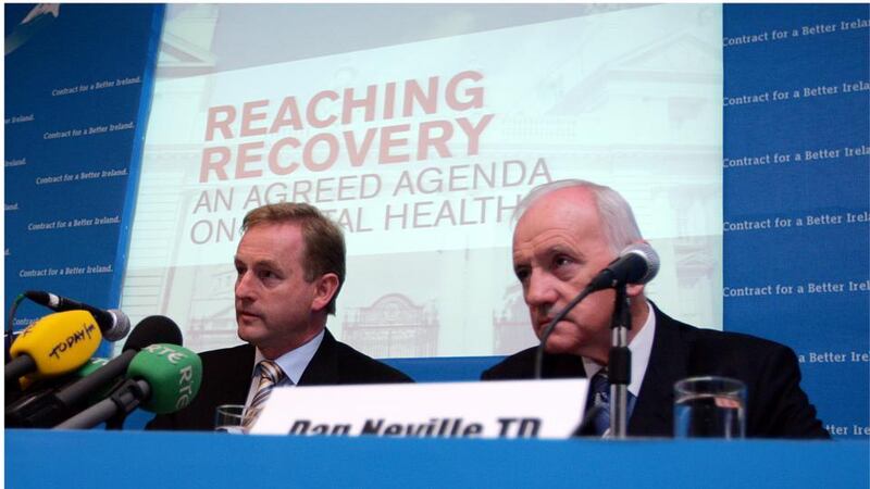 Fine Gael leader Enda Kenny and Dan Neville TD  announcing plans to address the issue of mental illness. Photograph: Bryan O’Brien
