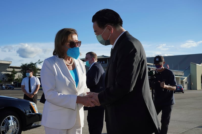Nancy Pelosi leaving Taiwan on Wednesday. Photograph: Taiwan Ministry of Foreign Affairs/AP