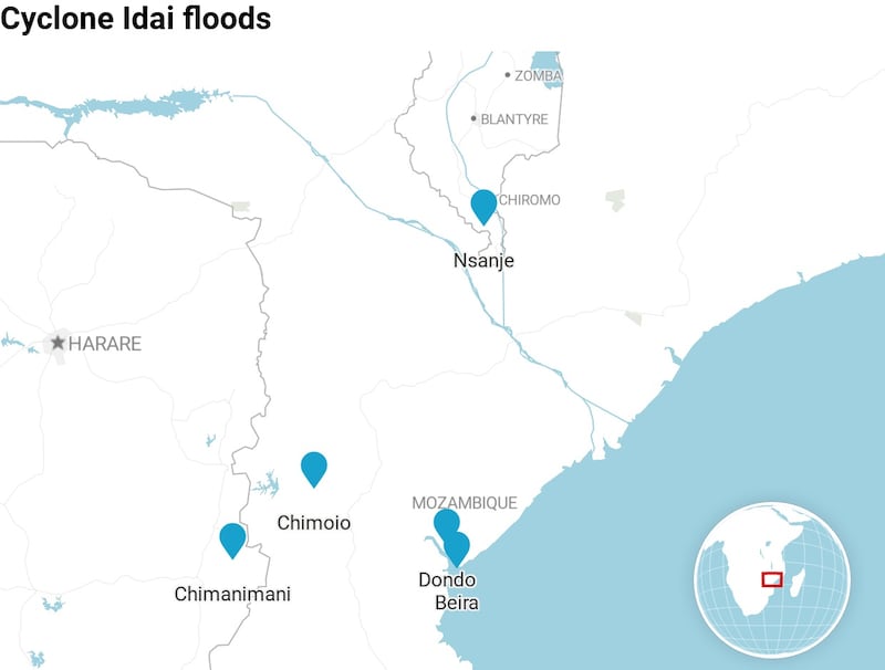 The main cities and towns in Mozambique, Malawi and Zimbabwe hit by flooding